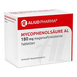Abbildung: Mycophenolsäure AL 180 mg magensaftresistent Tabletten 250 St, Tabletten magensaftresistent PZN 16528588