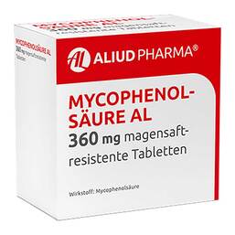 Abbildung: Mycophenolsäure AL 360 mg magensaftresistent Tabletten 50 St, Tabletten magensaftresistent PZN 16528594