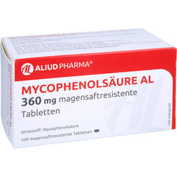 Abbildung: Mycophenolsäure AL 360 mg magensaftresistent Tabletten 100 St, Tabletten magensaftresistent PZN 16528602