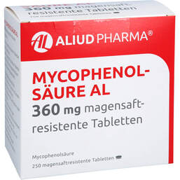 Abbildung: Mycophenolsäure AL 360 mg magensaftresistent Tabletten 250 St, Tabletten magensaftresistent PZN 16528619