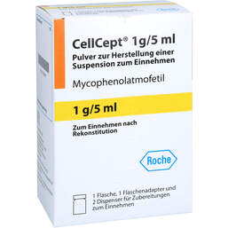 Abbildung: Cellcept 1 g / 5 ml Pulver zur Herstellung einer Suspension zum Einnehmen  110 g, Pulver zur Herstellung einer Suspension zum Einnehmen PZN 16529607