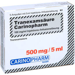 Abbildung: Tranexamsäure Carinopharm 100 mg / ml Injektion / Infusionsl. 5X5 ml, Injektions-/Infusionslösung PZN 16533804