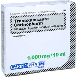 Abbildung: Tranexamsäure Carinopharm 100 mg / ml Injektion / Infusionsl. 5X10 ml, Injektions-/Infusionslösung PZN 16533810