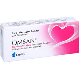 Abbildung: Omsan 0,03 mg / 0,15 mg überzogene Tabletten 3X21 St, Überzogene Tabletten PZN 16569222