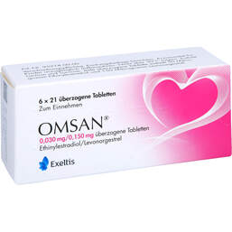 Abbildung: Omsan 0,03 mg / 0,15 mg überzogene Tabletten 6X21 St, Überzogene Tabletten PZN 16569239