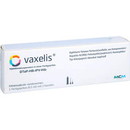 Abbildung: Vaxelis Injektionssuspension in einer Fertigspritze 0.5 ml, Injektionssuspension PZN 16581714