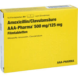 Abbildung: Amoxicillin / Clavulansäure AAA-Pharma 500 mg / 125 mg 10 St, Filmtabletten PZN 16584380