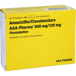Abbildung: Amoxicillin / Clavulansäure AAA-Pharma 500 mg / 125 mg 20 St, Filmtabletten PZN 16584397
