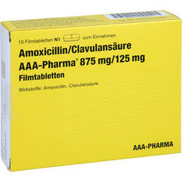 Abbildung: Amoxicillin / Clavulansäure AAA-Pharma 875 mg / 125 mg 10 St, Filmtabletten PZN 16584405