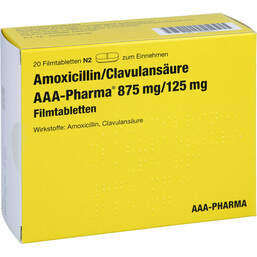 Abbildung: Amoxicillin / Clavulansäure AAA-Pharma 875 mg / 125 mg 20 St, Filmtabletten PZN 16584411