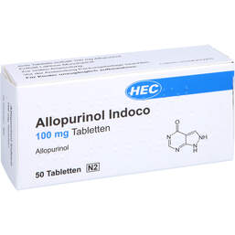 Abbildung: Allopurinol Indoco 100 mg Tabletten 50 St, Tabletten PZN 16588567