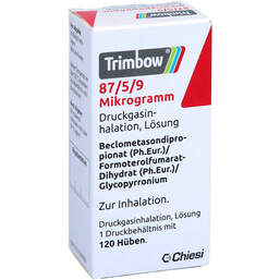 Abbildung: Trimbow 87 µg / 5 µg / 9 µg 120 Hub Druckgasinhalation 1 St, Dosieraerosol PZN 16596845