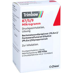 Abbildung: Trimbow 87 µg / 5 µg / 9 µg 120 Hub Druckgasinhalation 2 St, Dosieraerosol PZN 16596851