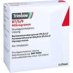 Abbildung: Trimbow 87 µg / 5 µg / 9 µg 120 Hub Druckgasinhalation 3 St, Dosieraerosol PZN 16596868