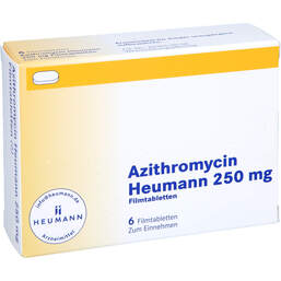 Abbildung: Azithromycin Heumann 250 mg Filmtabletten 6 St, Filmtabletten PZN 16598583