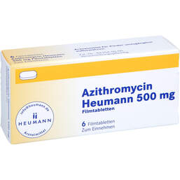 Abbildung: Azithromycin Heumann 500 mg Filmtabletten 6 St, Filmtabletten PZN 16598620