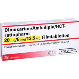 Abbildung: Olmesartan / Amlodipin / HCT-ratio 20 / 5 / 12,5 mg Fta 28 St, Filmtabletten PZN 16634066