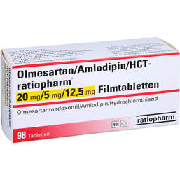 Abbildung: Olmesartan / Amlodipin / HCT-ratio 20 / 5 / 12,5 mg Fta 98 St, Filmtabletten PZN 16634089
