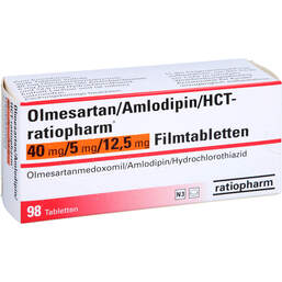 Abbildung: Olmesartan / Amlodipin / HCT-ratio 40 / 5 / 12,5 mg Fta 98 St, Filmtabletten PZN 16634126
