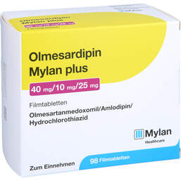Abbildung: Olmesardipin Mylan plus 40 mg / 10 mg / 25 mg Filmtab. 98 St, Filmtabletten PZN 16655559