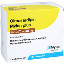 Abbildung: Olmesardipin Mylan plus 40 mg / 5 mg / 25 mg Filmtabletten 98 St, Filmtabletten PZN 16655565