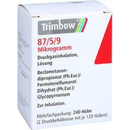 Abbildung: Trimbow 87 µg / 5 µg / 9 µg 120 Hub Druckgasinhalation 2 St, Dosieraerosol PZN 16675355