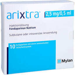 Abbildung: Arixtra 2,5 mg / 0,5 ml Injektionslösung in einer Fertigspritze 10X0.5 ml, Injektionslösung PZN 16732225