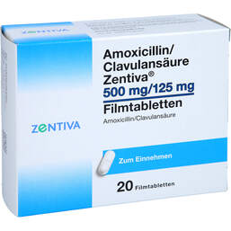 Abbildung: Amoxicillin / Clavulansäure Zentiva 500 mg / 125 mg 20 St, Filmtabletten PZN 16736430