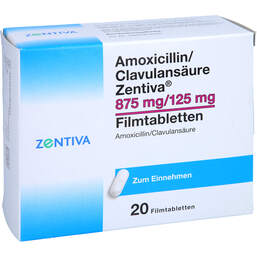Abbildung: Amoxicillin / Clavulansäure Zentiva 875mg / 125mg Fta 20 St, Filmtabletten PZN 16736453