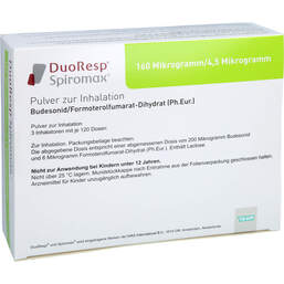 Abbildung: Duoresp Spiromax 160µg / 4,5µg / Dosis 3x120ED Inh.-P. 3 St, Inhalationspulver PZN 16742637