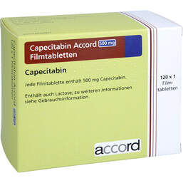 Abbildung: Capecitabin Accord 500 mg Filmtabletten 120 St, Filmtabletten PZN 16749964