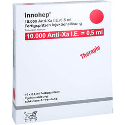 Abbildung: Innohep 10.000 Anti-Xa I.E. / 0,5 ml Injektionslösung FS 10 St, Injektionslösung in einer Fertigspritze PZN 16752222