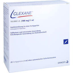 Abbildung: Clexane 10.000 I.E. 100mg / ml Injektionslösung i.e.F.-Sp. 20 St, Injektionslösung in einer Fertigspritze PZN 16770349