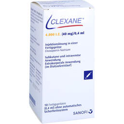 Abbildung: Clexane 4.000 I.E. 40mg / 0,4ml Injektionslösung i.e.F.-Sp. 10 St, Injektionslösung in einer Fertigspritze PZN 16770378