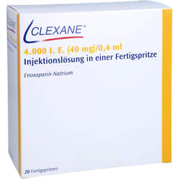 Abbildung: Clexane 4.000 I.E. 40mg / 0,4ml Injektionslösung i.e.F.-Sp. 20 St, Injektionslösung in einer Fertigspritze PZN 16770384