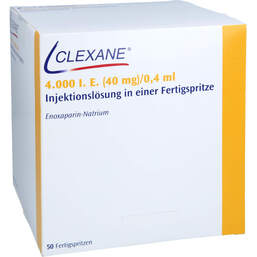 Abbildung: Clexane 4.000 I.E. 40mg / 0,4ml Injektionslösung i.e.F.-Sp. 50 St, Injektionslösung in einer Fertigspritze PZN 16770390