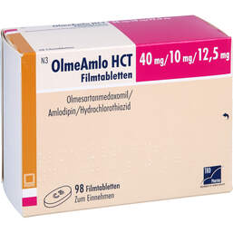 Abbildung: Olmeamlo HCT 40 mg / 10 mg / 12,5 mg Filmtabletten 98 St, Filmtabletten PZN 16784699