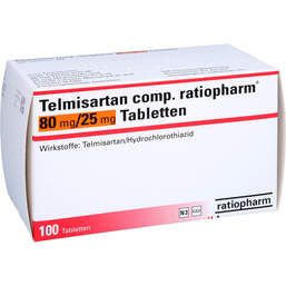 Abbildung: Telmisartan comp.ratiopharm 80 mg / 25 mg Tabletten 100 St, Tabletten PZN 16789567