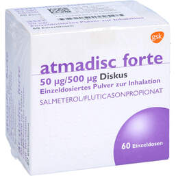Abbildung: Atmadisc forte 50 µg / 500 µg Diskus Einzeldosis Inh.-P. 2X60 St, Inhalationspulver PZN 16792003