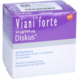 Abbildung: Viani forte 50 µg / 500 µg Diskus Einzeldosis Inh.-P. 2X60 St, Inhalationspulver PZN 16792049