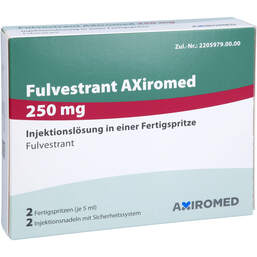 Abbildung: Fulvestrant Axiromed 250 mg Injektionslösung i.e.F.-Sp. 2 St, Injektionslösung in einer Fertigspritze PZN 16793126