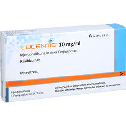 Abbildung: Lucentis 10 mg / ml Injektionslösung 1,65 mg Fertigspritze 1 St, Injektionslösung PZN 16797532