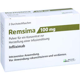 Abbildung: Remsima 100 mg Pulver für einer Konzentration z.Her.einer Infusionslösung Durchstechflasche  2 St, Pulver zur Herstellung eines Infusionslösungskonzentrates PZN 16799034