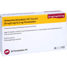 Abbildung: Olmesartan / Amlodipin / HCT Accord 20 / 5 / 12,5mg Fta 28 St, Filmtabletten PZN 16799293