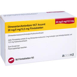 Abbildung: Olmesartan / Amlodipin / HCT Accord 20 / 5 / 12,5mg Fta 98 St, Filmtabletten PZN 16799330