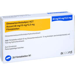 Abbildung: Olmesartan / Amlodipin / HCT Accord 40 / 10 / 12,5mg Fta 28 St, Filmtabletten PZN 16799353