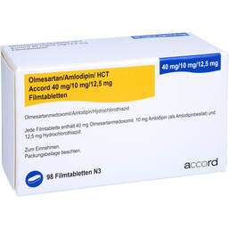 Abbildung: Olmesartan / Amlodipin / HCT Accord 40 / 10 / 12,5mg Fta 98 St, Filmtabletten PZN 16799382