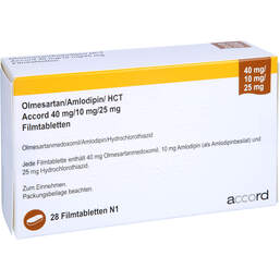 Abbildung: Olmesartan / Amlodipin / HCT Accord 40 / 10 / 25mg Fta 28 St, Filmtabletten PZN 16799407