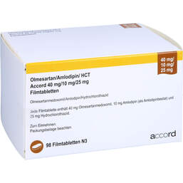 Abbildung: Olmesartan / Amlodipin / HCT Accord 40 / 10 / 25mg Fta 98 St, Filmtabletten PZN 16799436