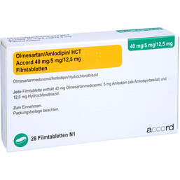 Abbildung: Olmesartan / Amlodipin / HCT Accord 40 / 5 / 12,5mg Fta 28 St, Filmtabletten PZN 16799459